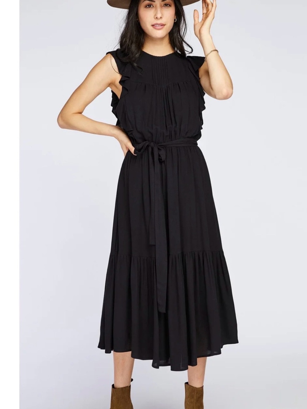 GENTLE FAWN MARIELLA DRESS Ruffle Midi Dress with Waist Tie - Black